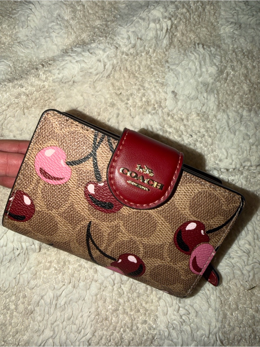 Coach Signature Canvas Cherry Compact Wallet - Red & Pink Accents